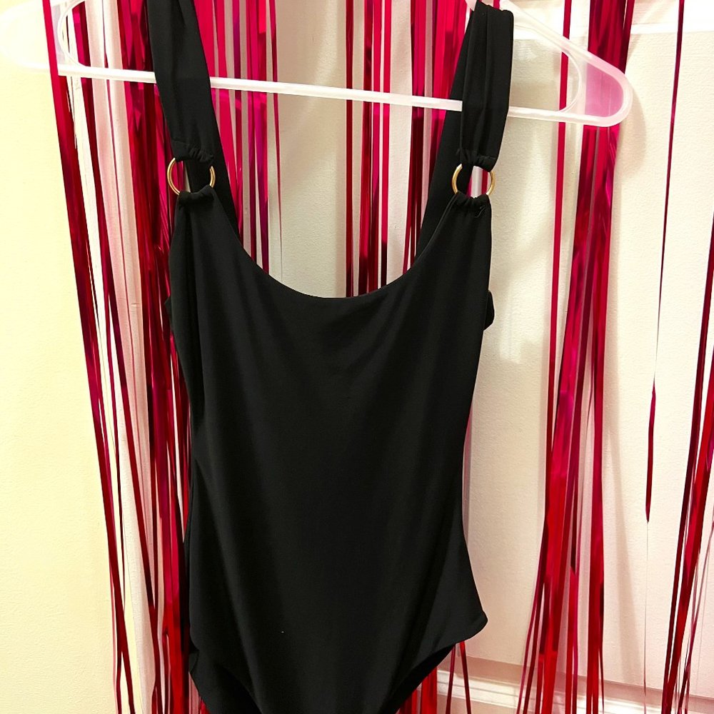 pretty little thing black bodysuit with gold rings